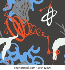 The seamless colorful pattern with shapes, lines, spots, imprints, dots and design elements. Hand drawn overlapping background for your design.Textile, blog decoration, banner, poster, wrapping paper.