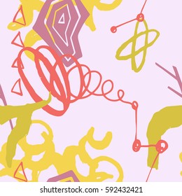 The seamless colorful pattern with shapes, lines, spots, imprints, dots and design elements. Hand drawn overlapping background for your design.Textile, blog decoration, banner, poster, wrapping paper.