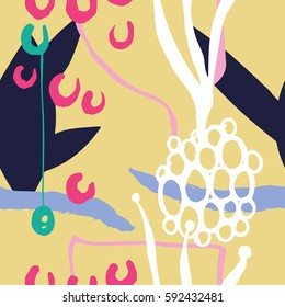 The seamless colorful pattern with shapes, lines, spots, imprints, dots and design elements. Hand drawn overlapping background for your design.Textile, blog decoration, banner, poster, wrapping paper.