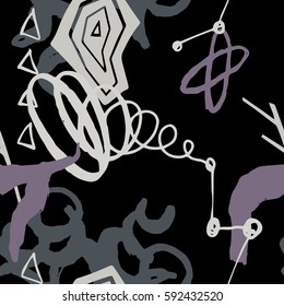 The seamless colorful pattern with shapes, lines, spots, imprints, dots and design elements. Hand drawn overlapping background for your design.Textile, blog decoration, banner, poster, wrapping paper.