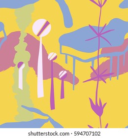 The seamless colorful pattern with shapes, lines, spots, imprints, dots and design elements. Hand drawn overlapping background for your design.Textile, blog decoration, banner, poster, wrapping paper.