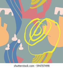 The seamless colorful pattern with shapes, lines, spots, imprints, dots and design elements. Hand drawn overlapping background for your design.Textile, blog decoration, banner, poster, wrapping paper.