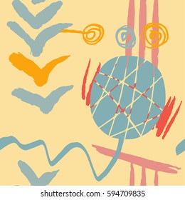 The seamless colorful pattern with shapes, lines, spots, imprints, dots and design elements. Hand drawn overlapping background for your design.Textile, blog decoration, banner, poster, wrapping paper.