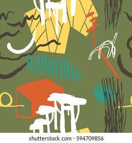The seamless colorful pattern with shapes, lines, spots, imprints, dots and design elements. Hand drawn overlapping background for your design.Textile, blog decoration, banner, poster, wrapping paper.