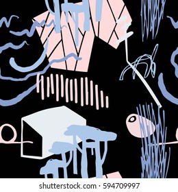 The seamless colorful pattern with shapes, lines, spots, imprints, dots and design elements. Hand drawn overlapping background for your design.Textile, blog decoration, banner, poster, wrapping paper.