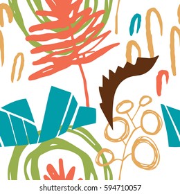 The seamless colorful pattern with shapes, lines, spots, imprints, dots and design elements. Hand drawn overlapping background for your design.Textile, blog decoration, banner, poster, wrapping paper.