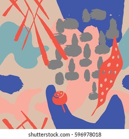 The seamless colorful pattern with shapes, lines, spots, imprints, dots and design elements. Hand drawn overlapping background for your design.Textile, blog decoration, banner, poster, wrapping paper.