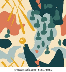 The seamless colorful pattern with shapes, lines, spots, imprints, dots and design elements. Hand drawn overlapping background for your design.Textile, blog decoration, banner, poster, wrapping paper.