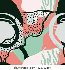 The seamless colorful pattern with shapes, lines, spots, imprints, dots and design elements. Hand drawn overlapping background for your design.Textile, blog decoration, banner, poster, wrapping paper.