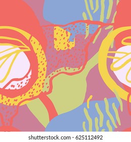 The seamless colorful pattern with shapes, lines, spots, imprints, dots and design elements. Hand drawn overlapping background for your design.Textile, blog decoration, banner, poster, wrapping paper.