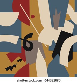 The seamless colorful pattern with shapes, lines, spots, imprints, dots and design elements. Modern art overlapping background for your design.Textile, blog decoration, banner, poster, wrapping paper.