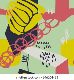 The seamless colorful pattern with shapes, lines, spots, imprints, dots and design elements. Hand drawn overlapping background for your design.Textile, blog decoration, banner, poster, wrapping paper.