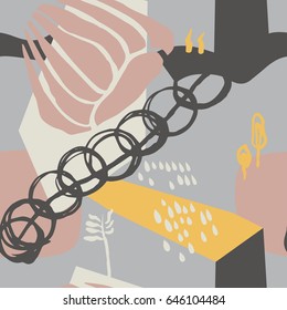 The seamless colorful pattern with shapes, lines, spots, imprints, dots and design elements. Hand drawn overlapping background for your design.Textile, blog decoration, banner, poster, wrapping paper.