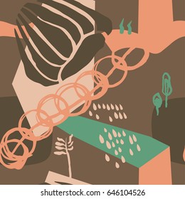 The seamless colorful pattern with shapes, lines, spots, imprints, dots and design elements. Hand drawn overlapping background for your design.Textile, blog decoration, banner, poster, wrapping paper.