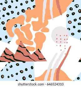 The seamless colorful pattern with shapes, lines, spots, imprints, dots and design elements. Hand drawn overlapping background for your design.Textile, blog decoration, banner, poster, wrapping paper.