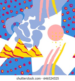 The seamless colorful pattern with shapes, lines, spots, imprints, dots and design elements. Hand drawn overlapping background for your design.Textile, blog decoration, banner, poster, wrapping paper.