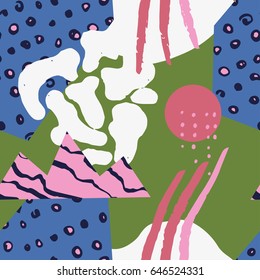 The seamless colorful pattern with shapes, lines, spots, imprints, dots and design elements. Hand drawn overlapping background for your design.Textile, blog decoration, banner, poster, wrapping paper.