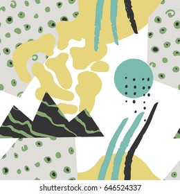 The seamless colorful pattern with shapes, lines, spots, imprints, dots and design elements. Hand drawn overlapping background for your design.Textile, blog decoration, banner, poster, wrapping paper.