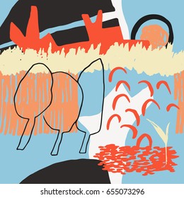 The seamless colorful pattern with shapes, lines, spots, imprints, dots and design elements. Hand drawn landscape background for your design.Textile, blog decoration, banner, poster, wrapping paper.