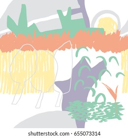 The seamless colorful pattern with shapes, lines, spots, imprints, dots and design elements. Hand drawn landscape background for your design.Textile, blog decoration, banner, poster, wrapping paper.