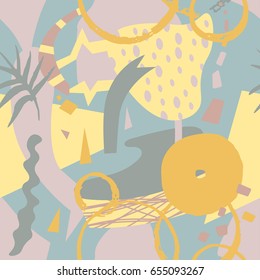 The seamless colorful pattern with shapes, lines, spots, imprints, dots and design elements. Hand drawn overlapping background for your design.Textile, blog decoration, banner, poster, wrapping paper.