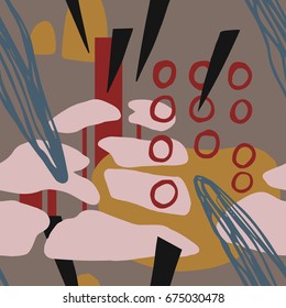 The seamless colorful pattern with shapes, lines, spots, imprints, dots and design elements. Hand drawn overlapping background for your design.Textile, blog decoration, banner, poster, wrapping paper.
