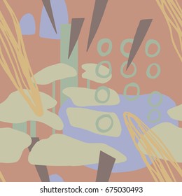 The seamless colorful pattern with shapes, lines, spots, imprints, dots and design elements. Hand drawn overlapping background for your design.Textile, blog decoration, banner, poster, wrapping paper.