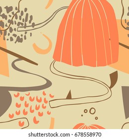 The seamless colorful pattern with shapes, lines, spots, imprints, dots and design elements. Hand drawn overlapping background for your design.Textile, blog decoration, banner, poster, wrapping paper.