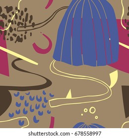The seamless colorful pattern with shapes, lines, spots, imprints, dots and design elements. Hand drawn overlapping background for your design.Textile, blog decoration, banner, poster, wrapping paper.