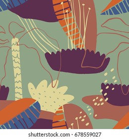 The seamless colorful pattern with shapes, lines, spots, imprints, dots and design elements. Hand drawn overlapping background for your design.Textile, blog decoration, banner, poster, wrapping paper.
