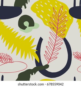 The seamless colorful pattern with shapes, lines, spots, imprints, dots and design elements. Hand drawn overlapping background for your design.Textile, blog decoration, banner, poster, wrapping paper.