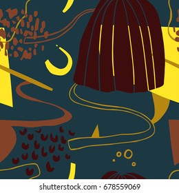 The seamless colorful pattern with shapes, lines, spots, imprints, dots and design elements. Hand drawn overlapping background for your design.Textile, blog decoration, banner, poster, wrapping paper.