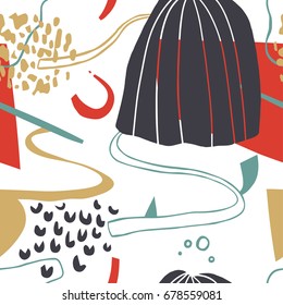 The seamless colorful pattern with shapes, lines, spots, imprints, dots and design elements. Hand drawn overlapping background for your design.Textile, blog decoration, banner, poster, wrapping paper.