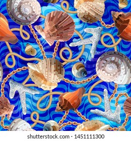 Seamless colorful pattern with   shells, snails, corals, rope, chains. Abstract underwater background. Watercolor style bright texture. Marine motifs for fabric textile design