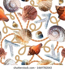 Seamless colorful pattern with   shells, snails, corals, rope, chains. Abstract underwater background. Watercolor style bright texture. Marine motifs for fabric textile design