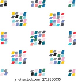 Seamless colorful pattern showing hand drawn abstract square shapes arranged in repeating grids, creating a playful, modern, and artistic background design