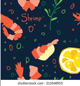 Seamless colorful pattern with shrimps and lemon in vector