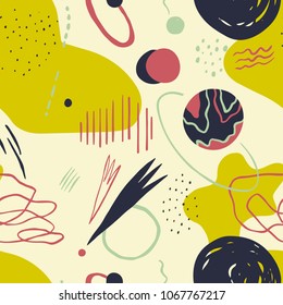 The seamless colorful pattern with space, stars, galaxies, constellations. Hand drawn overlapping background for your design.Textile, blog decoration, banner, poster, wrapping paper.