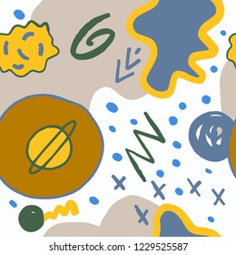 The seamless colorful pattern with space, stars, galaxies, constellations. Hand drawn overlapping background for your design.Textile, blog decoration, banner, poster, wrapping paper.