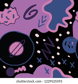 The seamless colorful pattern with space, stars, galaxies, constellations. Hand drawn overlapping background for your design.Textile, blog decoration, banner, poster, wrapping paper.