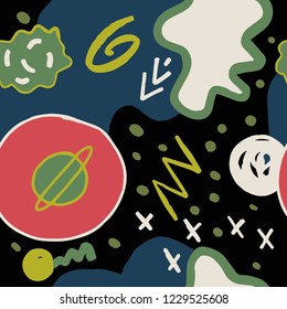 The seamless colorful pattern with space, stars, galaxies, constellations. Hand drawn overlapping background for your design.Textile, blog decoration, banner, poster, wrapping paper.