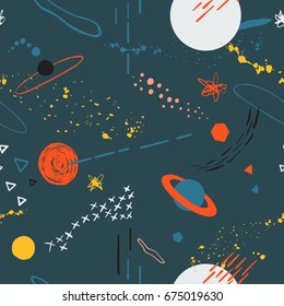 The seamless colorful pattern with space, stars, galaxies, constellations. Hand drawn overlapping background for your design.Textile, blog decoration, banner, poster, wrapping paper.
