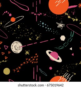 The seamless colorful pattern with space, stars, galaxies, constellations. Hand drawn overlapping background for your design.Textile, blog decoration, banner, poster, wrapping paper.