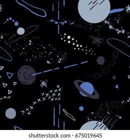 The seamless colorful pattern with space, stars, galaxies, constellations. Hand drawn overlapping background for your design.Textile, blog decoration, banner, poster, wrapping paper.