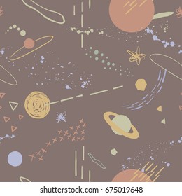 The seamless colorful pattern with space, stars, galaxies, constellations. Hand drawn overlapping background for your design.Textile, blog decoration, banner, poster, wrapping paper.
