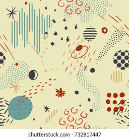 The seamless colorful pattern with space, stars, galaxies, constellations. Hand drawn overlapping background for your design.Textile, blog decoration, banner, poster, wrapping paper.