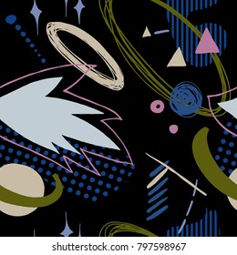 The seamless colorful pattern with space, stars, galaxies, constellations. Hand drawn overlapping background for your design.Textile, blog decoration, banner, poster, wrapping paper.