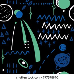 The seamless colorful pattern with space, stars, galaxies, constellations. Hand drawn overlapping background for your design.Textile, blog decoration, banner, poster, wrapping paper.