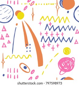The seamless colorful pattern with space, stars, galaxies, constellations. Hand drawn overlapping background for your design.Textile, blog decoration, banner, poster, wrapping paper.
