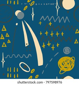 The seamless colorful pattern with space, stars, galaxies, constellations. Hand drawn overlapping background for your design.Textile, blog decoration, banner, poster, wrapping paper.